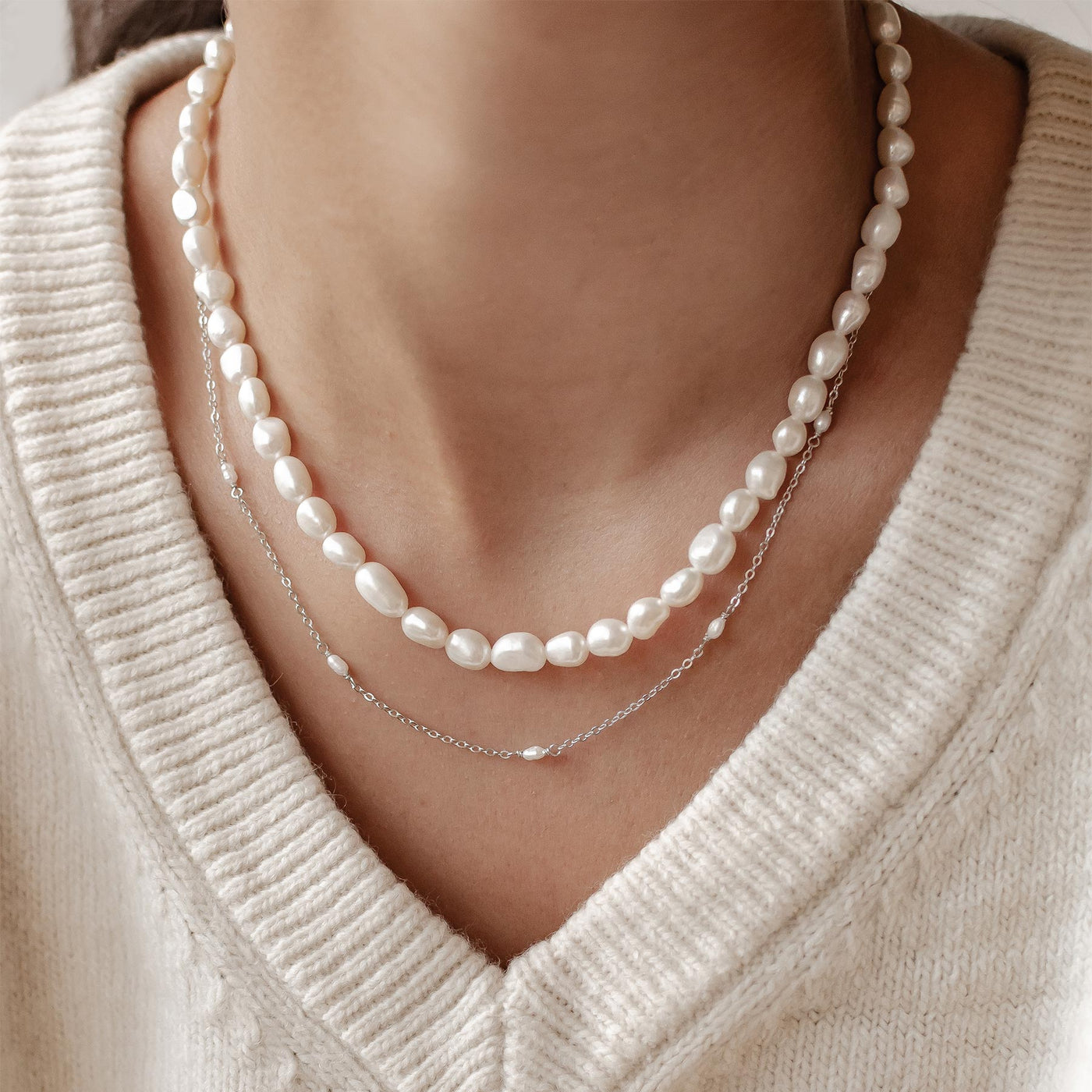 Double Grace Pearl Necklace Set Sterling Silver