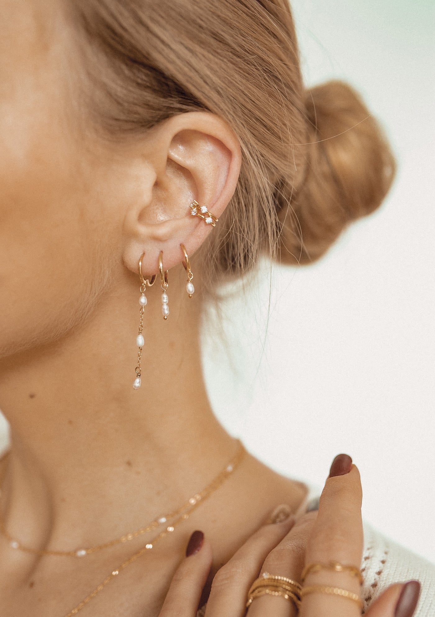 Double Pearl Charm Hoop Earrings Sterling Silver Gold