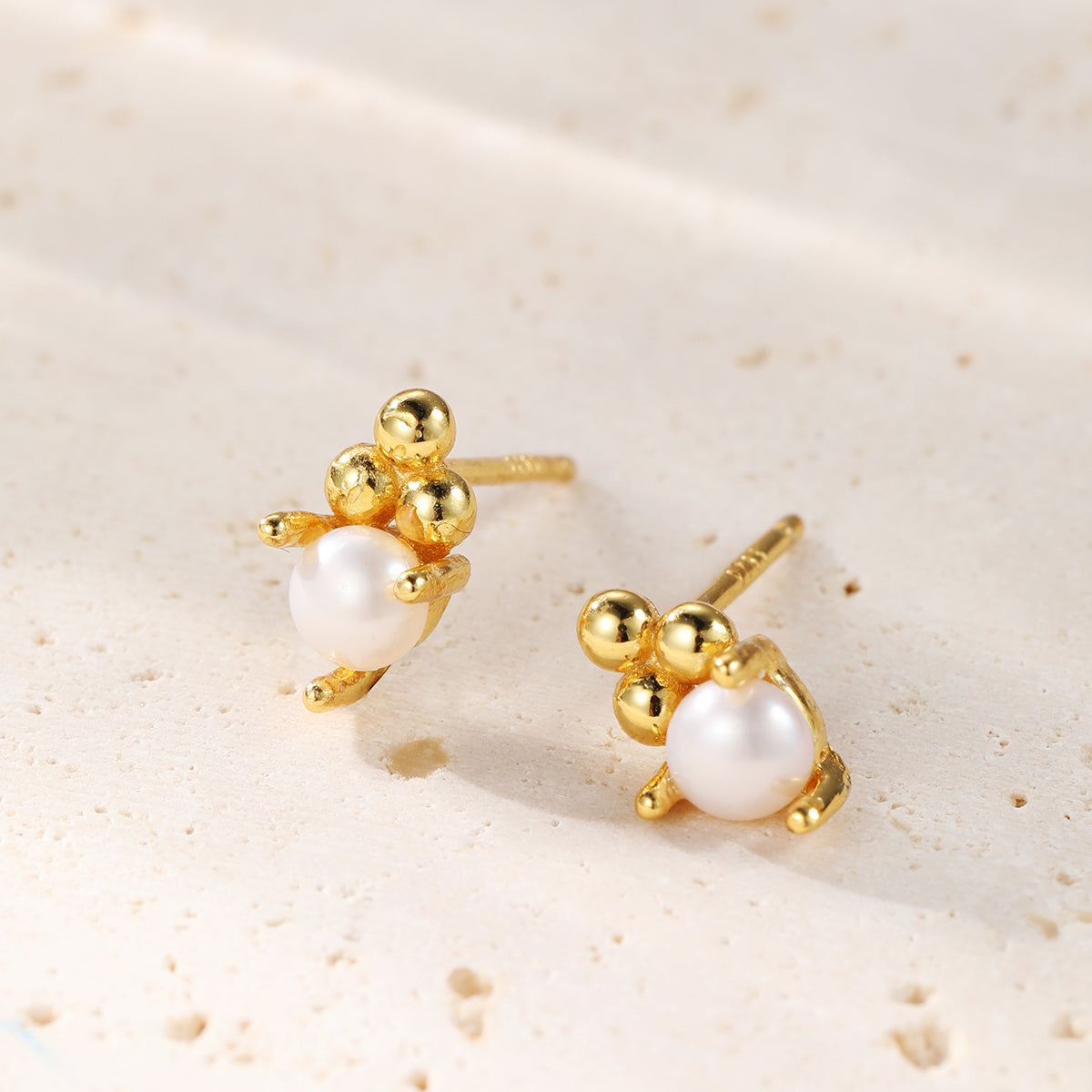 Cluster Pearl Stud Earrings Sterling Silver Gold