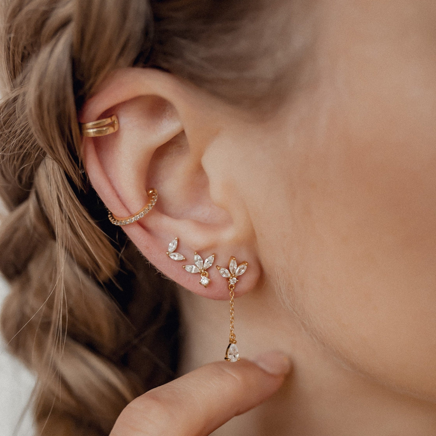 Zweireihige Ear Cuff Ohrringe Sterlingsilber in Gold