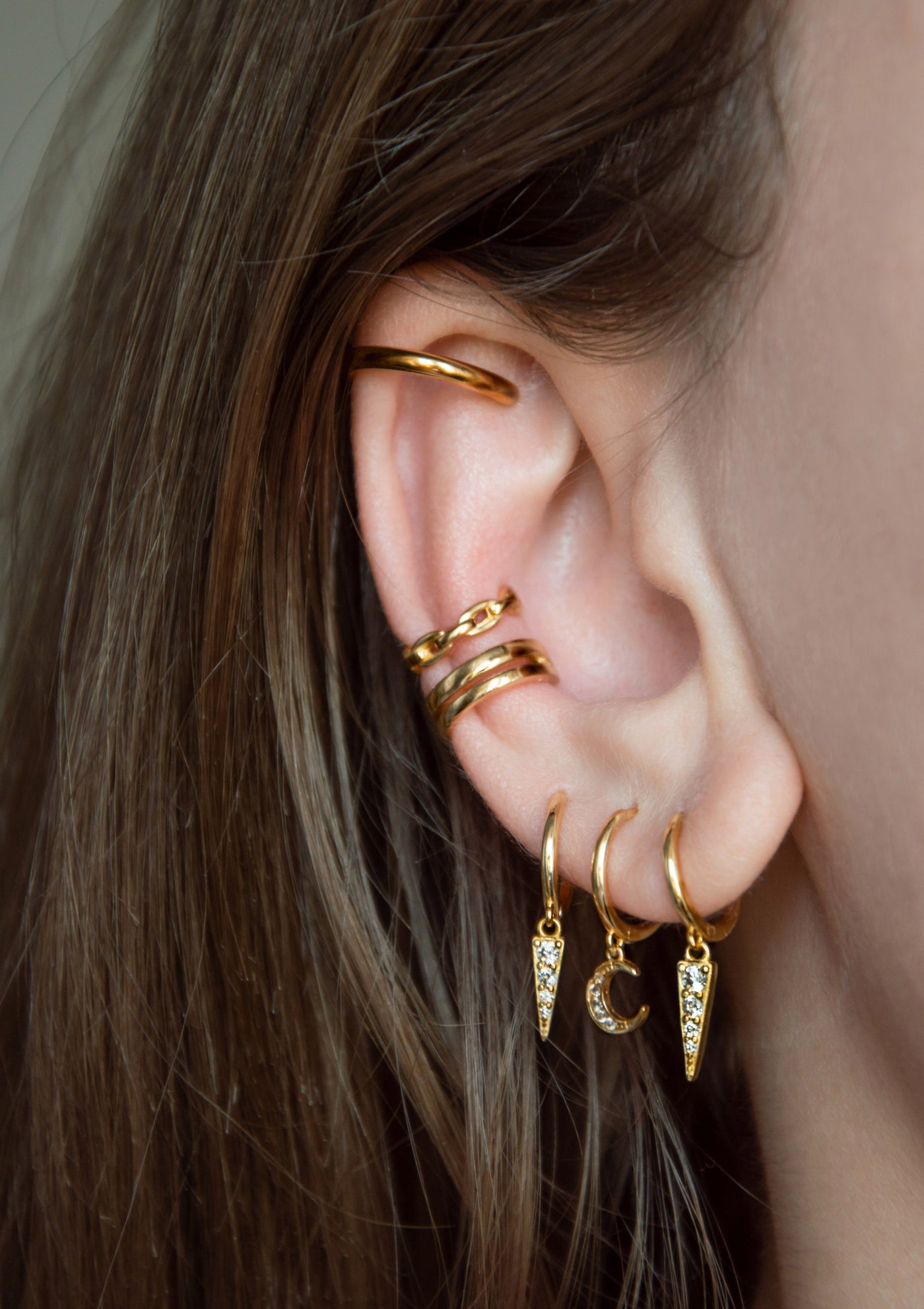 Zweireihige Ear Cuff Ohrringe Sterlingsilber in Gold