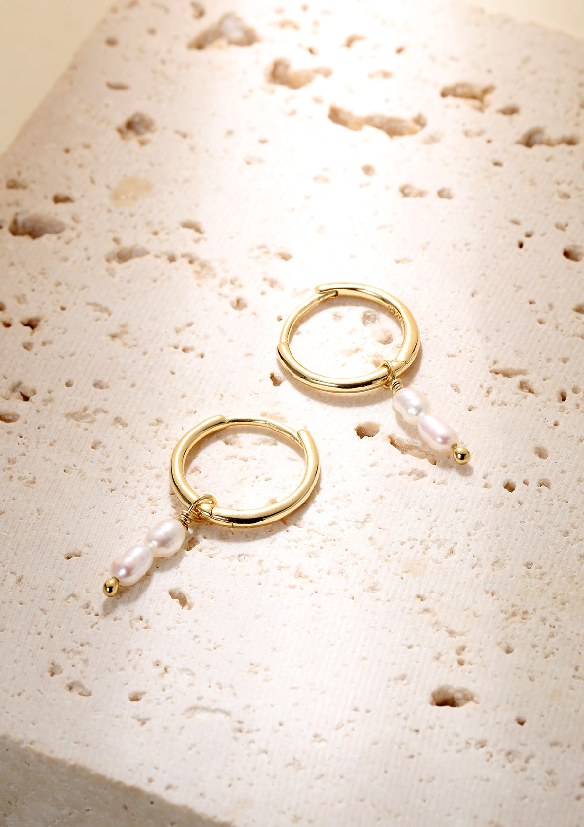 Double Pearl Charm Hoop Earrings Sterling Silver Gold