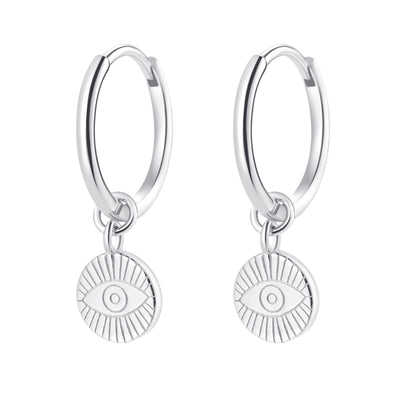 Evil Eye Charm Hoop Earrings Sterling Silver