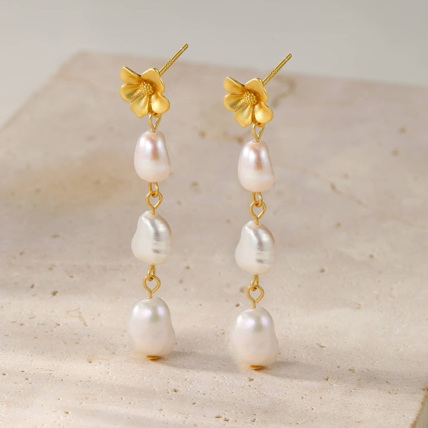 Flower and Pearl Drop Earrings Sterling Silver