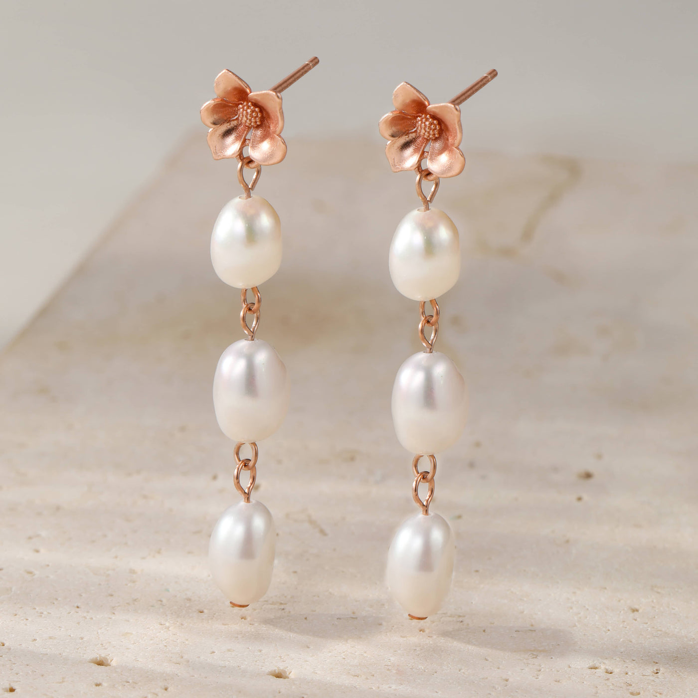 Flower and Pearl Drop Earrings Sterling Silver