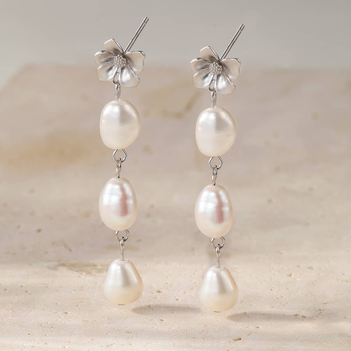 Flower and Pearl Drop Earrings Sterling Silver