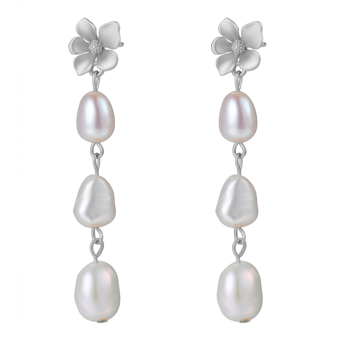 Flower and Pearl Drop Earrings Sterling Silver