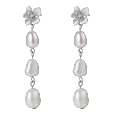 Flower and Pearl Drop Earrings Sterling Silver