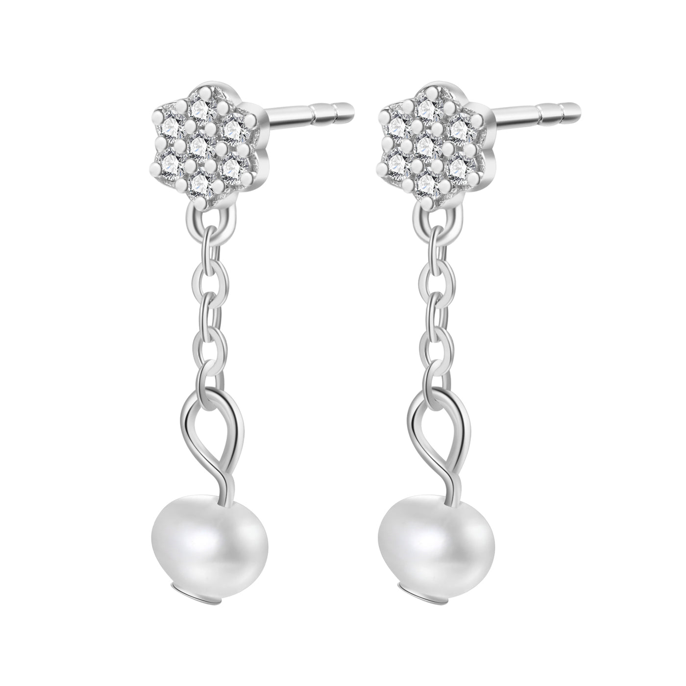 Flower and Pearl Drop Stud Earrings Sterling Silver