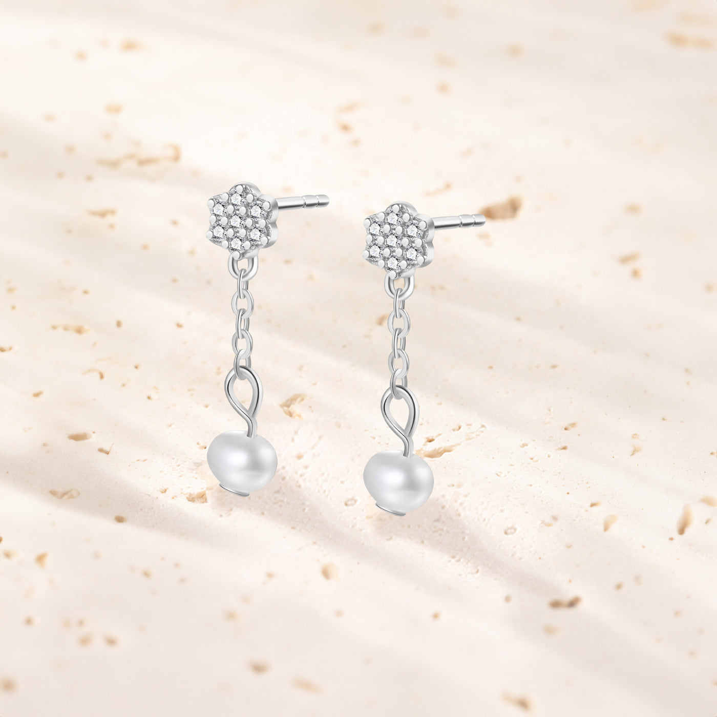 Flower and Pearl Drop Stud Earrings Sterling Silver