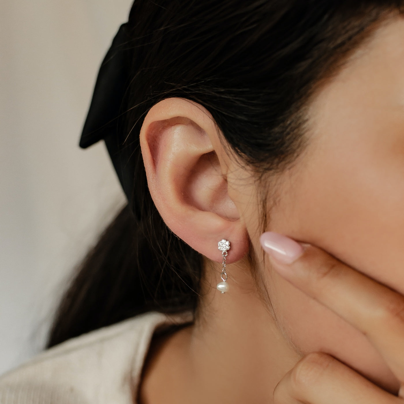 Flower and Pearl Drop Stud Earrings Sterling Silver