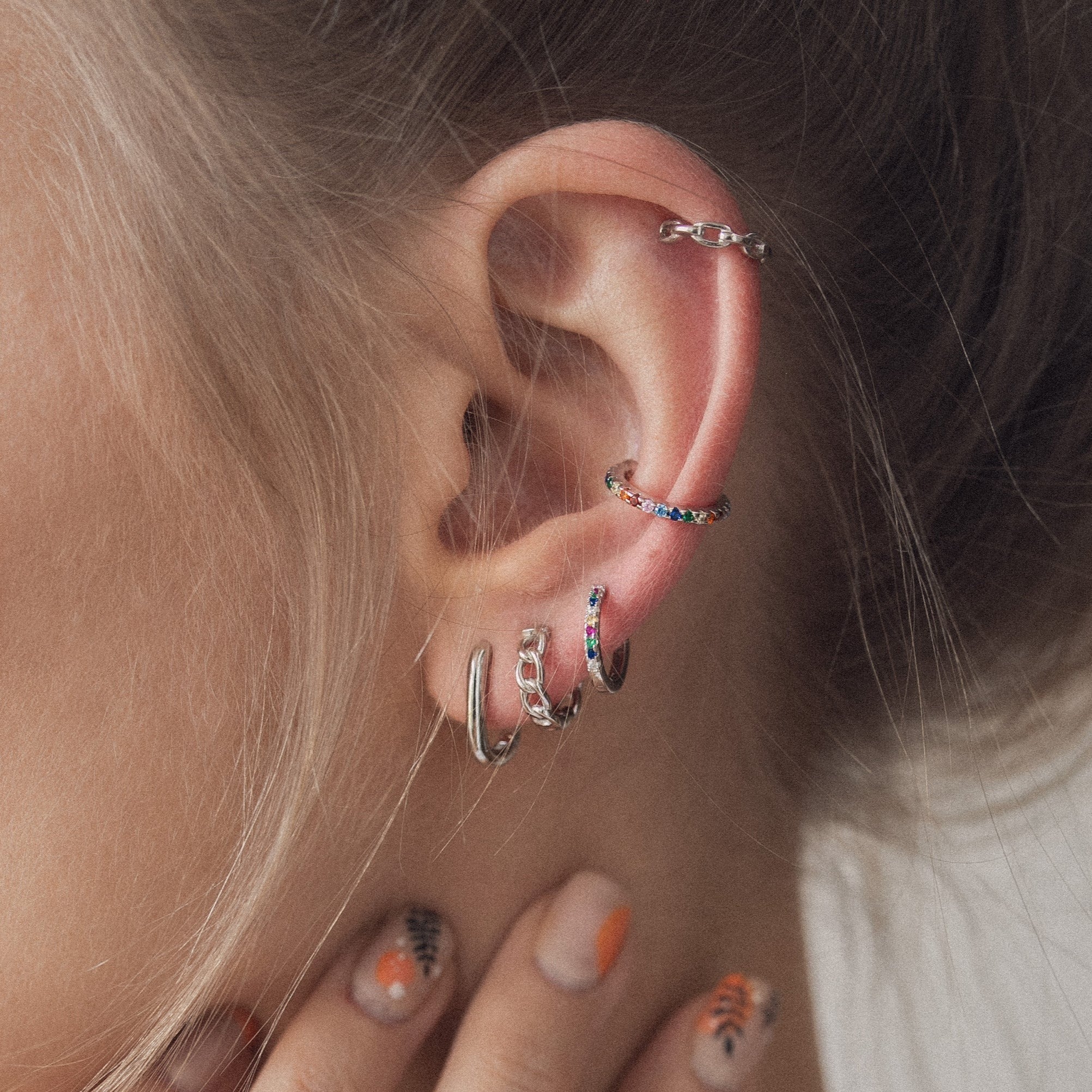 Tiny ear cuff with multicolor stones sterling silver • rainbow cuff earring • retailer line ear cuff • huggie ear cuff • no piercing helix ear cuff