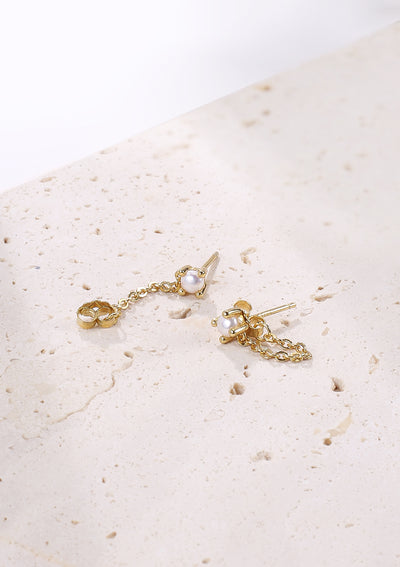 Pearl Chain Stud Earrings Sterling Silver Gold