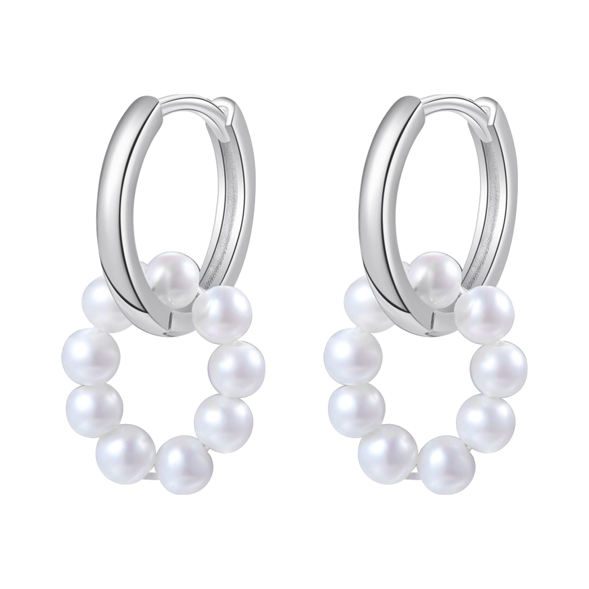 Round Pearl Charm Hoop Earrings Sterling Silver