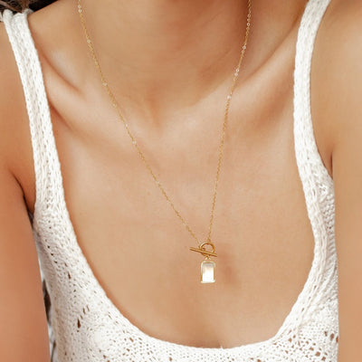 Shell Rectangle Pendant T-Bar Chain Necklace Gold