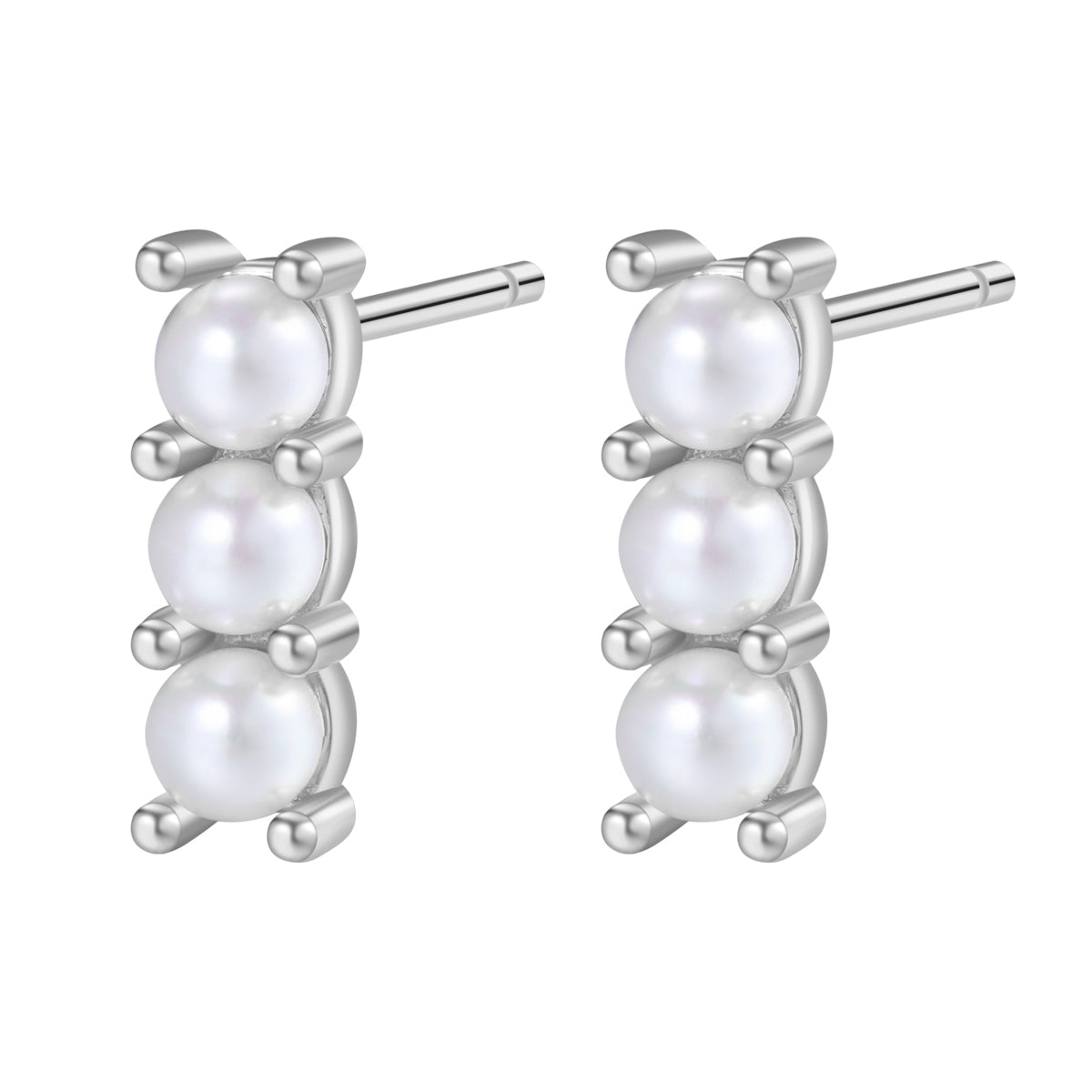 Trio Pearl Bar Stud Earrings Sterling Silver