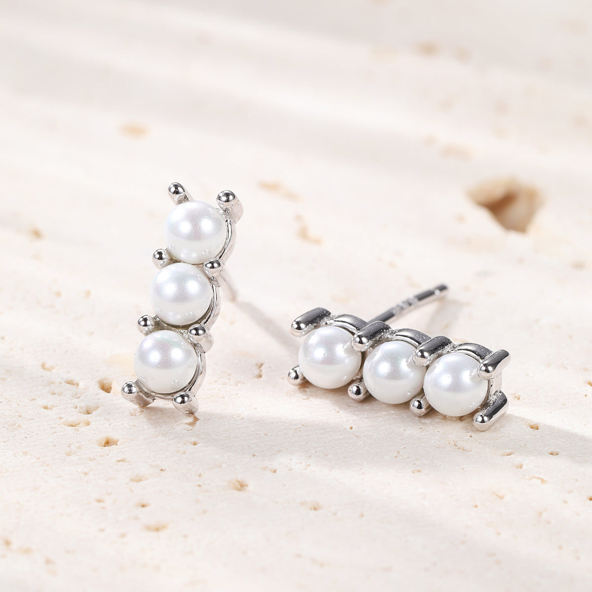 Trio Pearl Bar Stud Earrings Sterling Silver