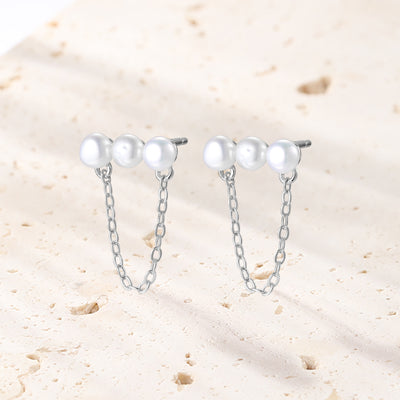 Boucles d’Oreilles Chaîne Trois Perles Sterling Argent 