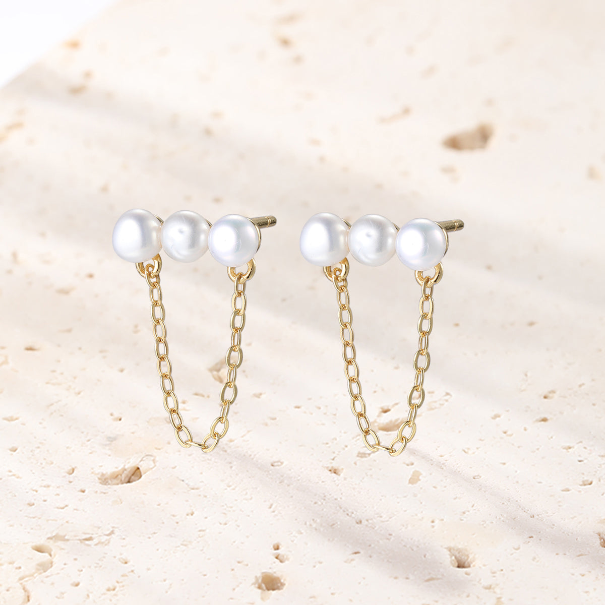 Boucles d’Oreilles Chaîne Trois Perles Sterling Argent 