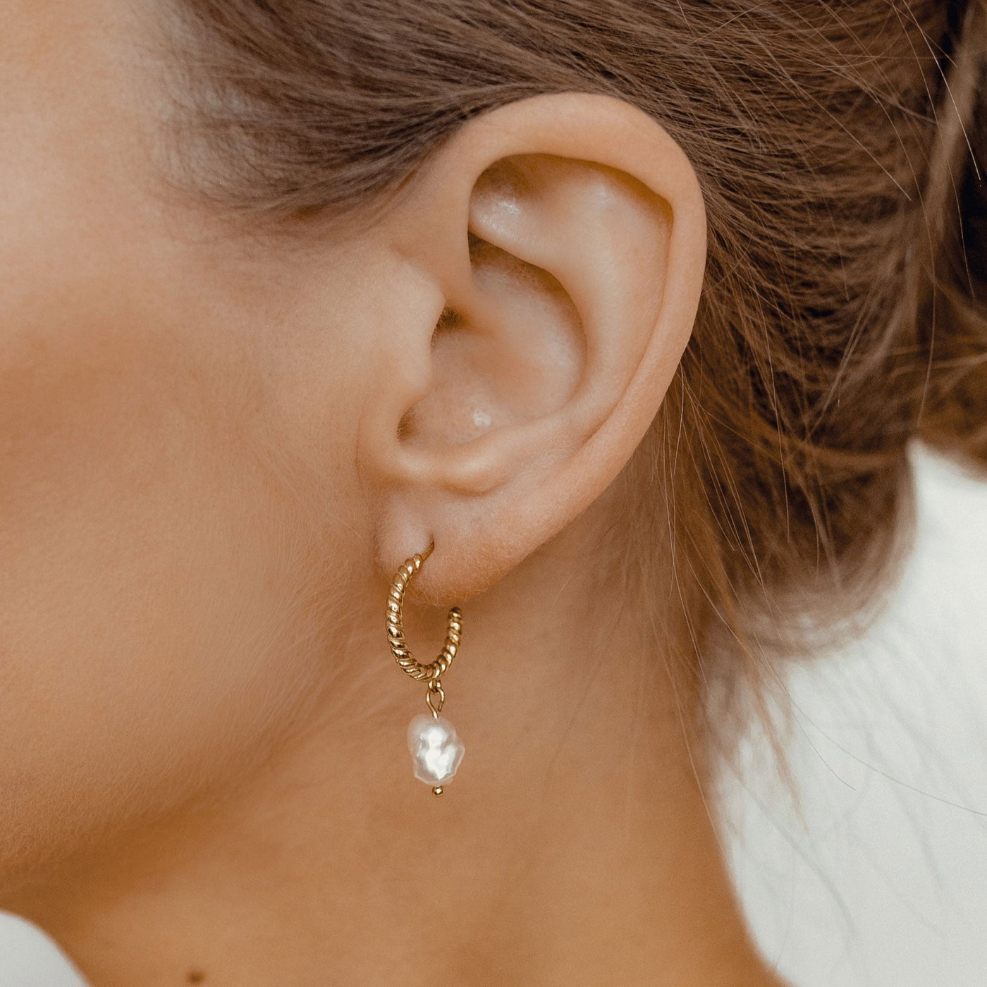 Twisted Hoop Pearl Drop Earrings Sterling Silver Gold