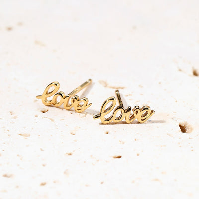 Love Script Stud Earrings Sterling Silver Gold