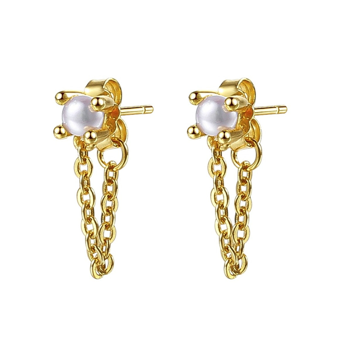 Pearl Chain Stud Earrings Sterling Silver Gold