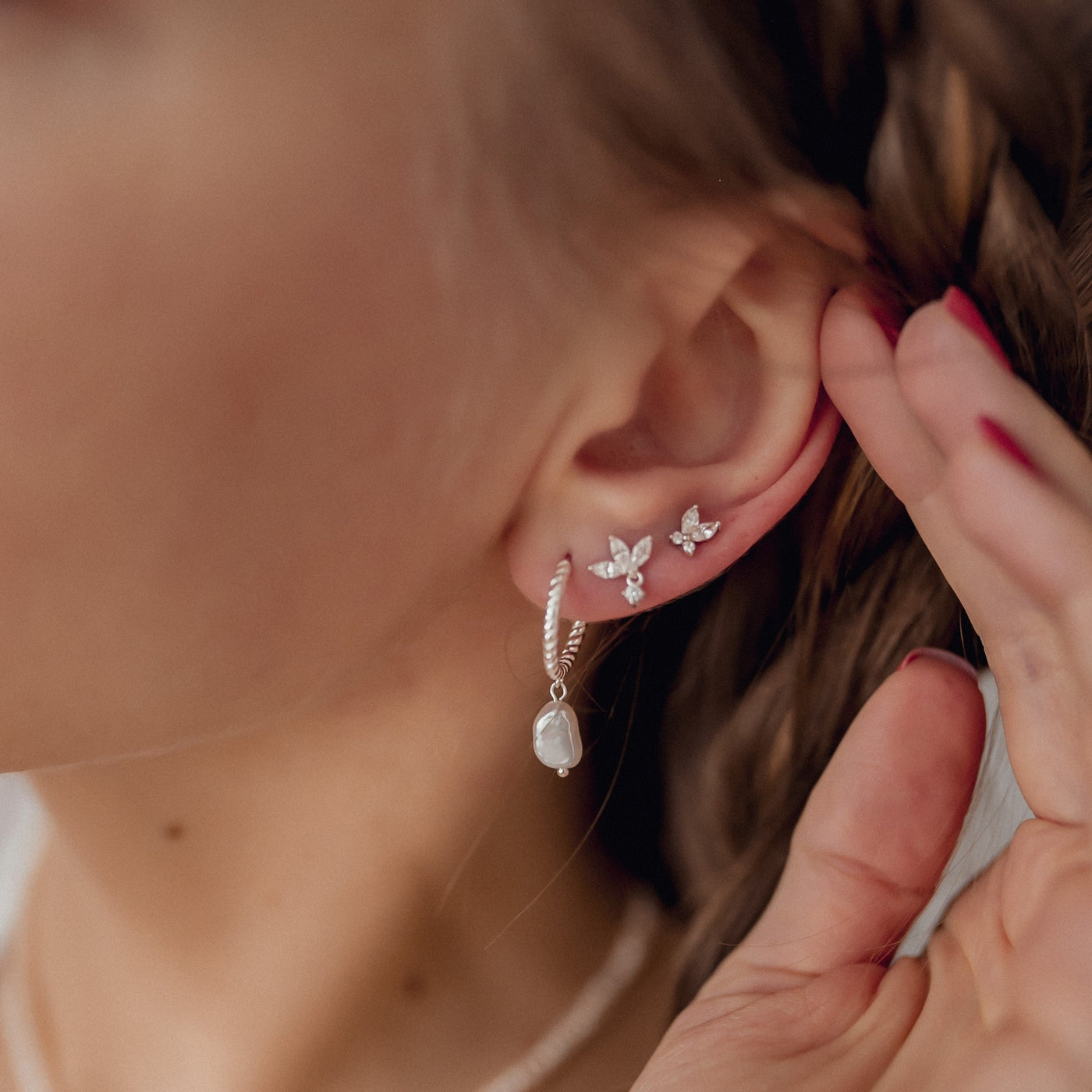 Boucles d'Oreilles Torsadées Perle Goutte Sterling Argent